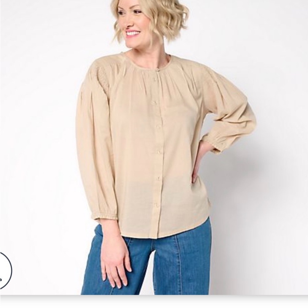NWT LOGO by Lori Goldstein Cream Button-Up Blouse with Smocking Shoulder Sz L